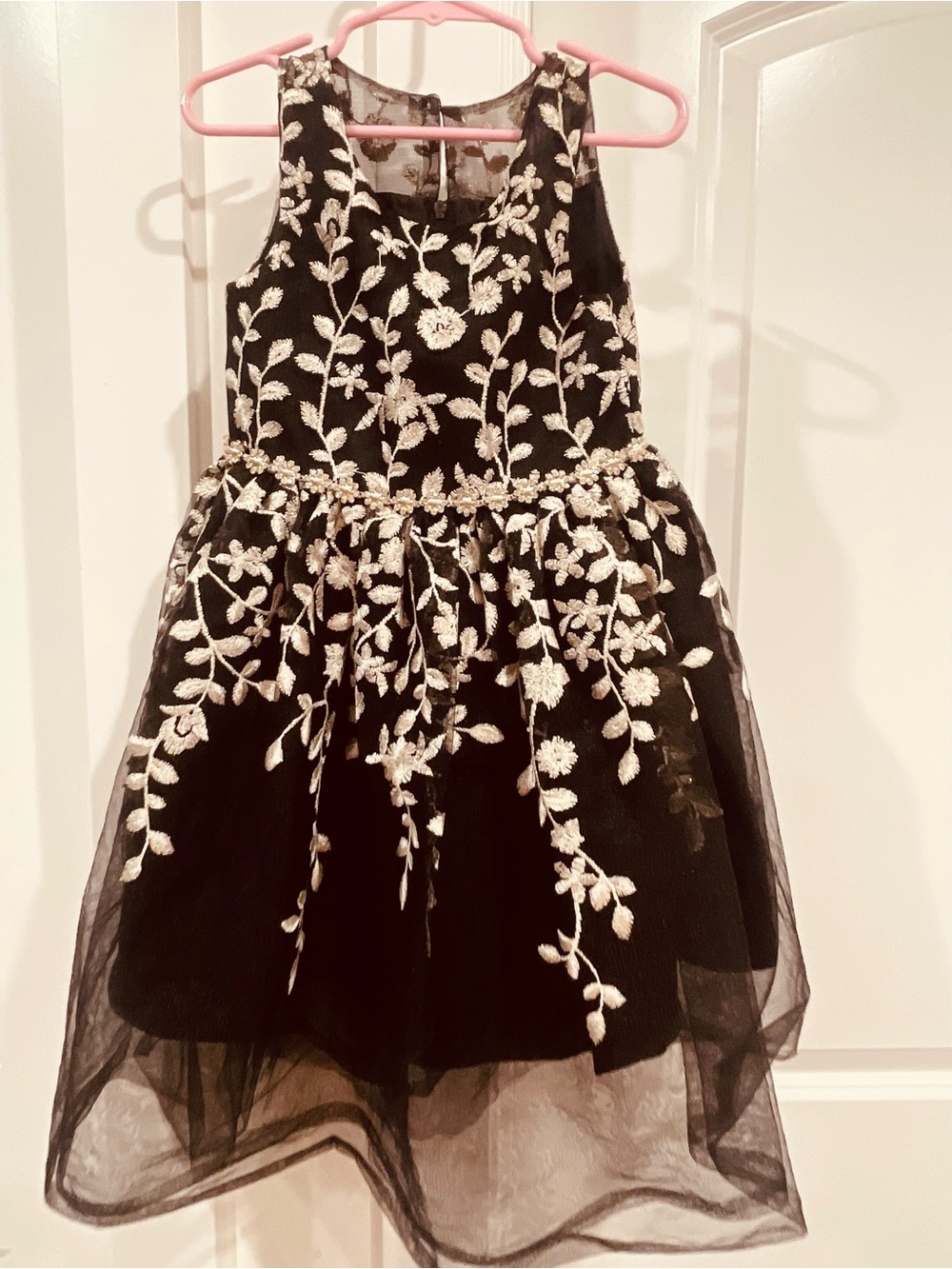 Rare Editions Black Dress with Cream Floral Embroidery